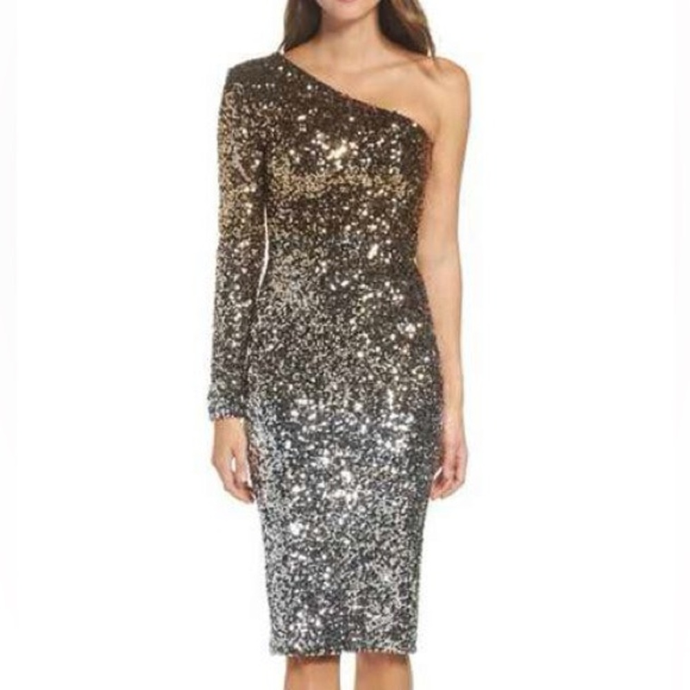 Dress the Population Silver Sequin Long Sleeve Dress